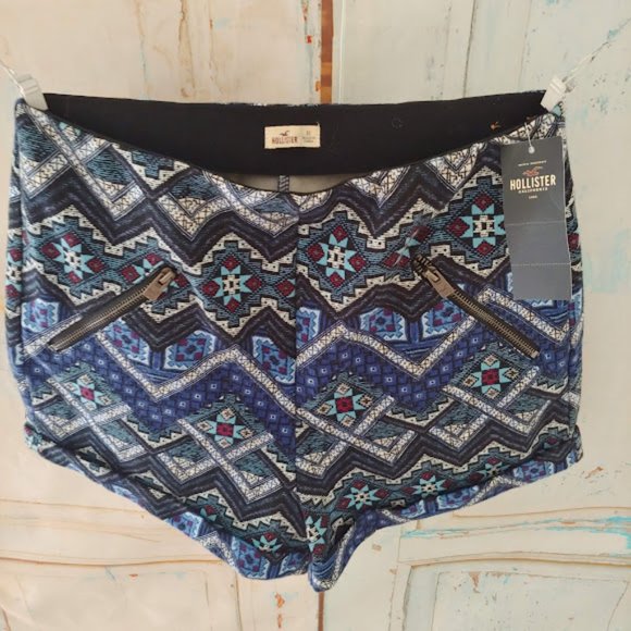 NWT HOLLISTER multi color stretch short w zipper elastic waist/XS/ blue blk wht - Picture 2 of 5